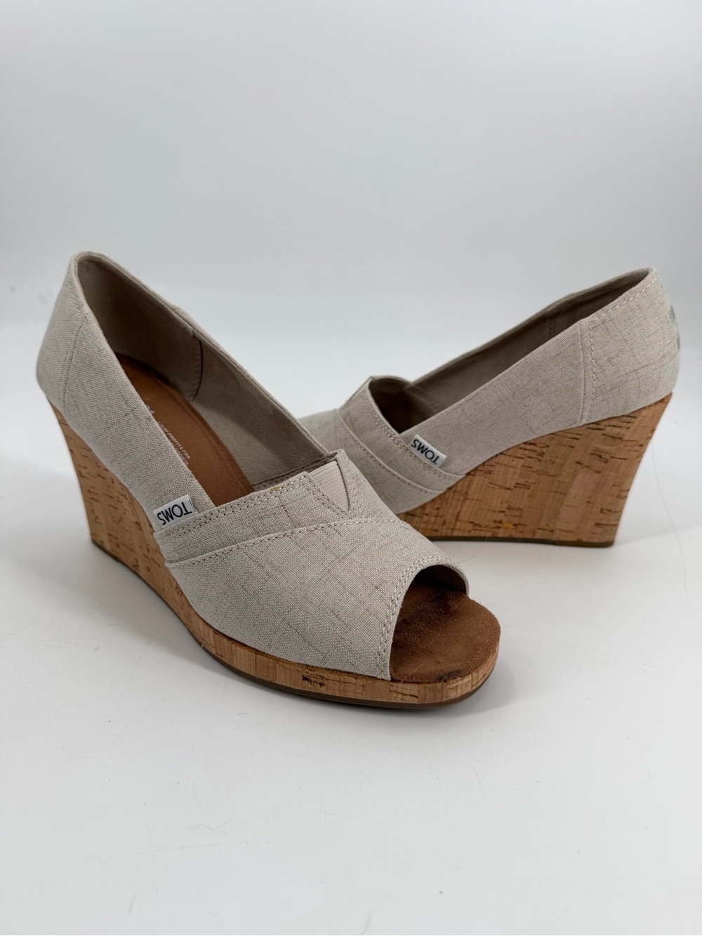 TOMS Classic open-toe cork wedge canvas slip on beige sandal heel